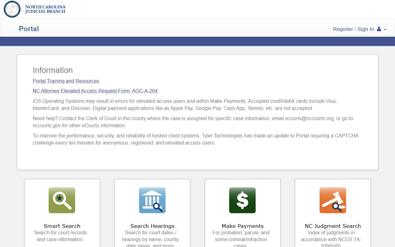 North Carolina eCourts Portal landing page with case search tools