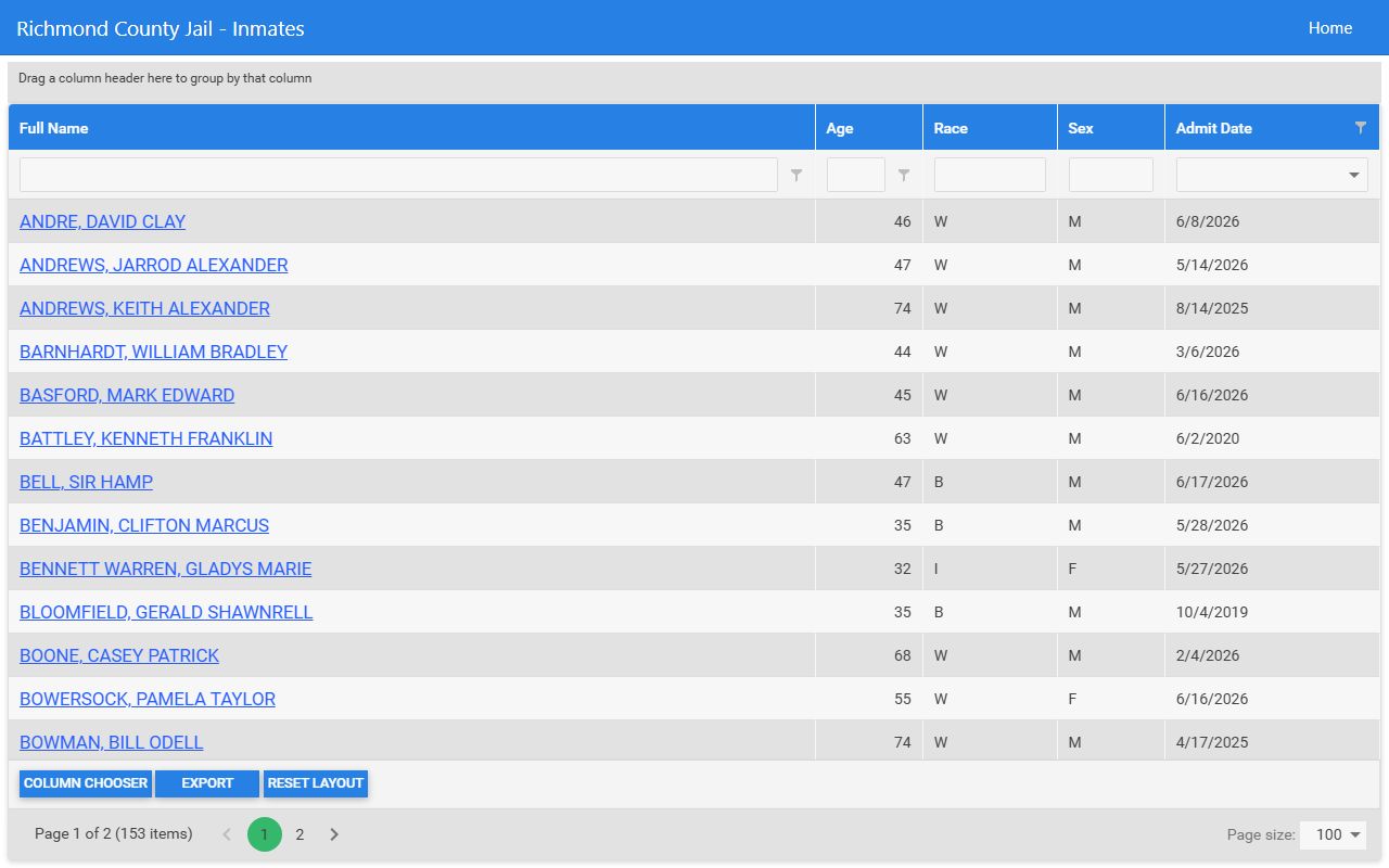 Richmond County inmate population roster grid with jail record fields